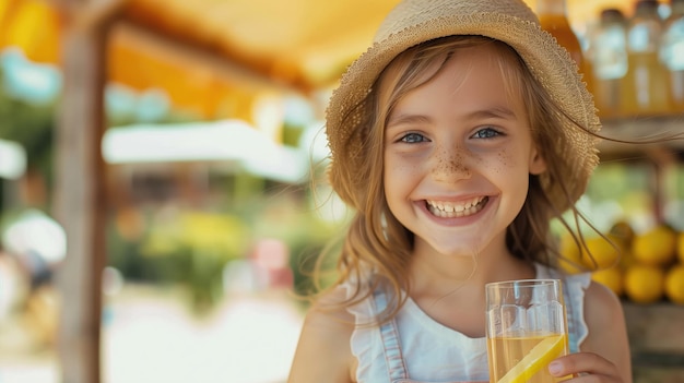 Smiling girl with a hat holding a glass of juice