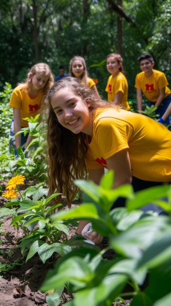 Smiling girl with long brown hair and yellow Tshirt kneels in garden of yellow flowers