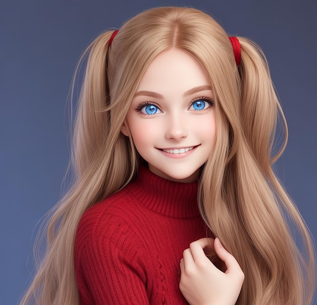 smiling girl with long hair twintals blue eyes Generative AI