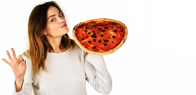 Smiling girl with pizza showing okay sign tasty italian food fastfood snack lunch food delivery