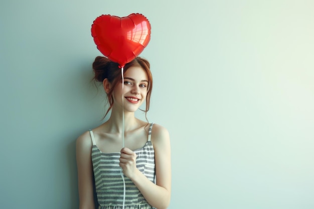 Smiling girl with a red balloon feeling of love in the air