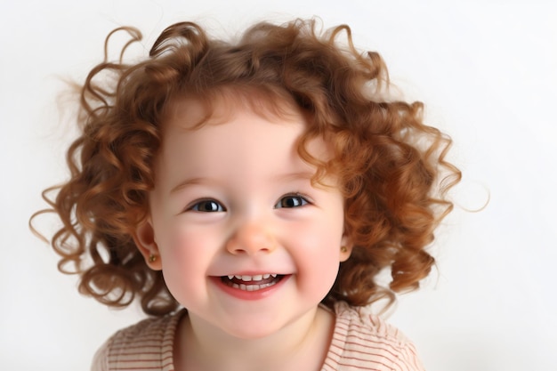 A smiling girl with red hair and a white background