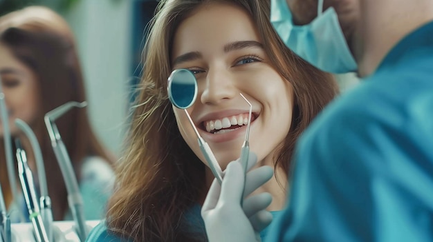 Photo smiling girl or woman patient sitting in dental clinic chair while a dentist check their teeths