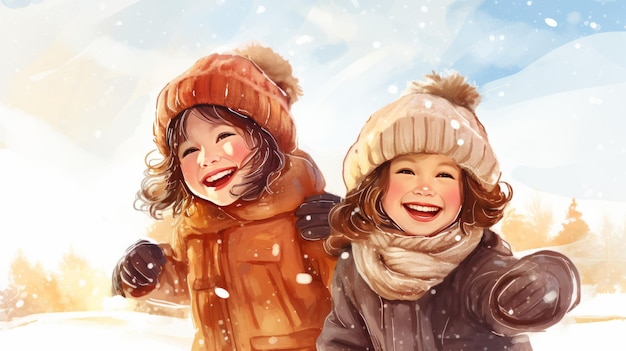 Smiling girls playing in the snow winter fun outdoors