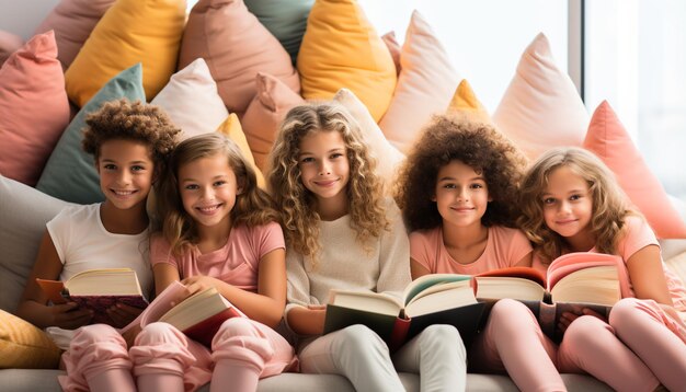 Smiling girls reading book cheerful boys learning indoors happily generated by AI