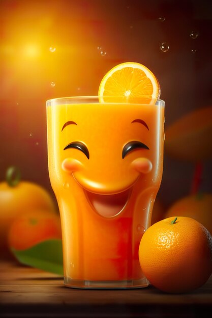 A smiling glass of orange juice with a smiley face