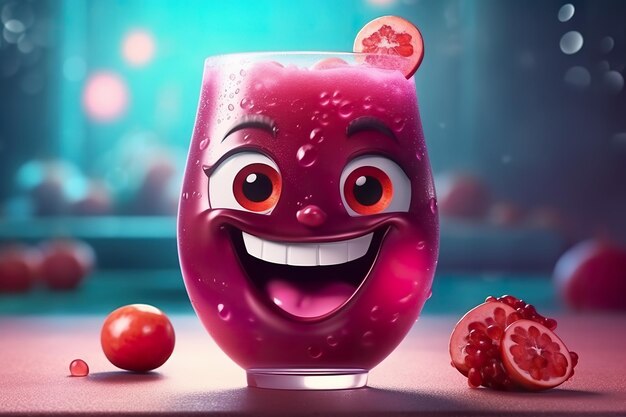 Foto un bicchiere sorridente di succo di granato rosso con una faccina sorridente