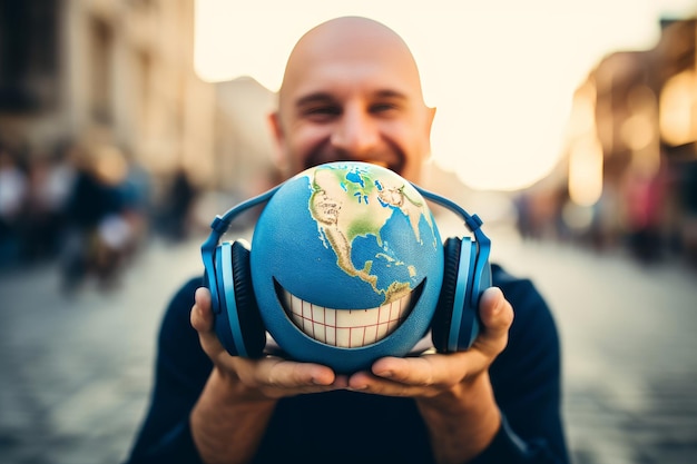 Smiling globe character enjoys global music entertainment