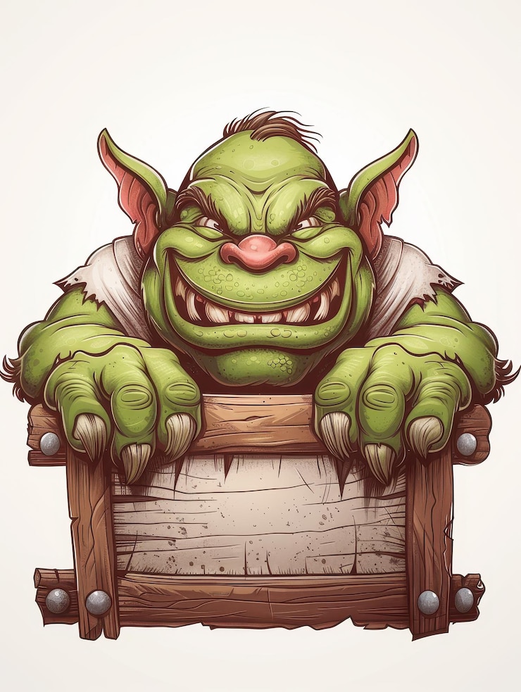 Photo smiling goblin holding wooden sign
