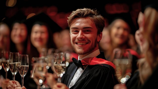 Smiling graduate holding a champagne glass celebrating with peers