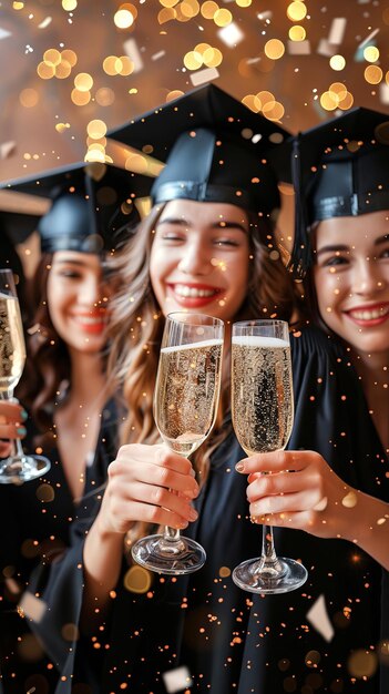 Smiling graduates celebrate with champagne or make toasts with their friends