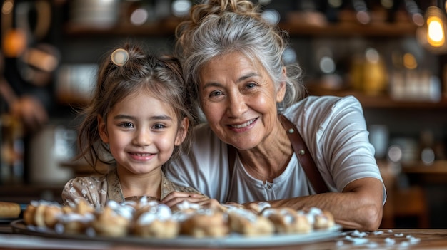 Улыбающаяся бабушка и ее милая внучка готовят домашние печенье вместе дома