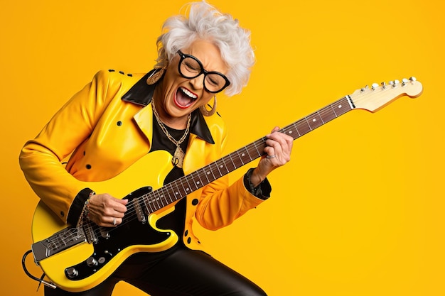 Smiling grandmother playing electric guitar on a yellow background