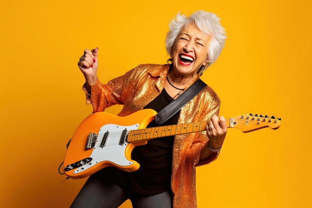 Smiling grandmother playing yellow electric guitar on a yellow background