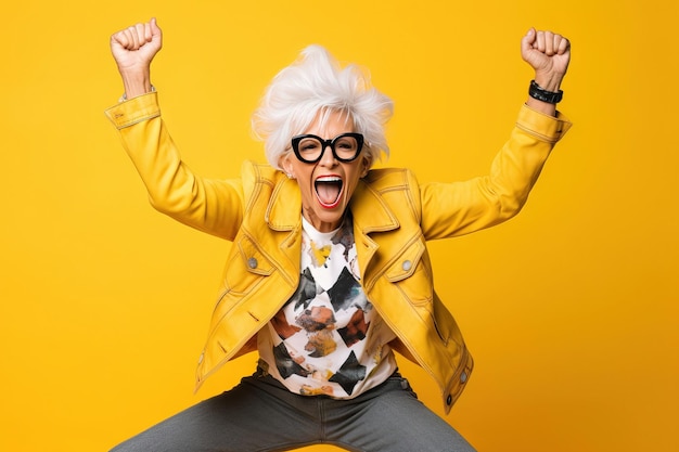 Smiling grandmother with glasses doing poses on a studio with yellow background