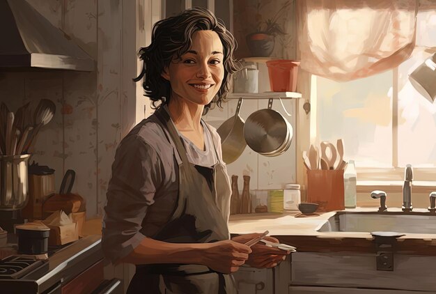 Улыбающаяся серая мать работает на кухне в стиле сырой подлинности