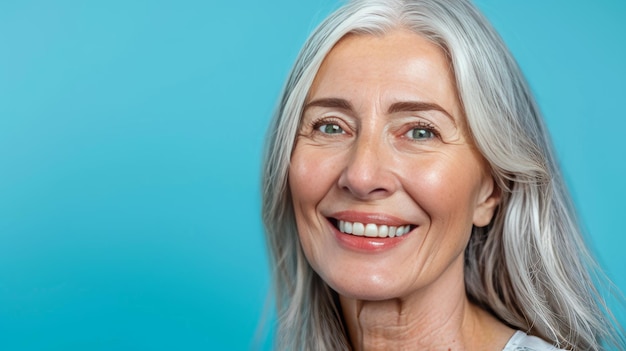 Foto una donna anziana dai capelli grigi che sorride.