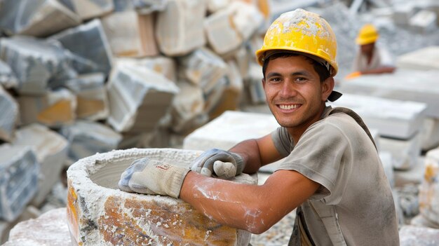 Foto un sorridente lavoratore di macinazione e lucidatura