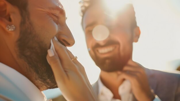 Photo smiling groom wiping his tears with finger while holding hand of partner by minister generative ai