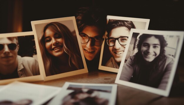 Smiling group holds memories in sepia toned instant print transfer frame generated by AI