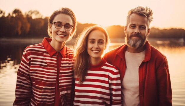 Smiling group of people enjoying sunset outdoors generated by AI