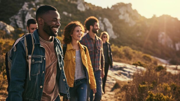 Smiling group of people walking together outdoors