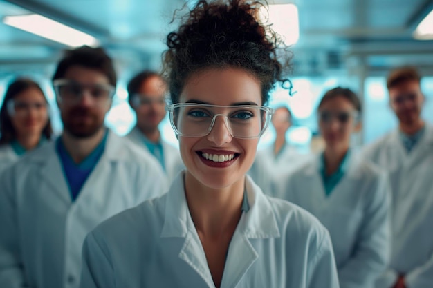 Улыбающаяся группа ученых в современной лаборатории с женщиной-лидером