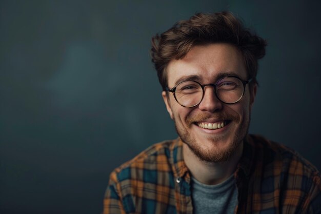 Photo smiling guy in glasses in studio