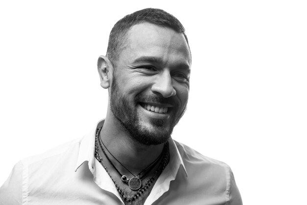 Smiling guy in shirt handsome man with great smile wearing white shirt on white background isolated