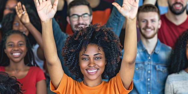 Photo smiling guy standing above a crowd of 100000 people