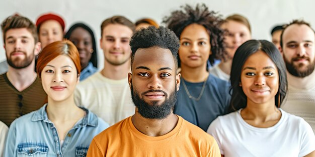 Photo smiling guy standing above a crowd of 100000 people