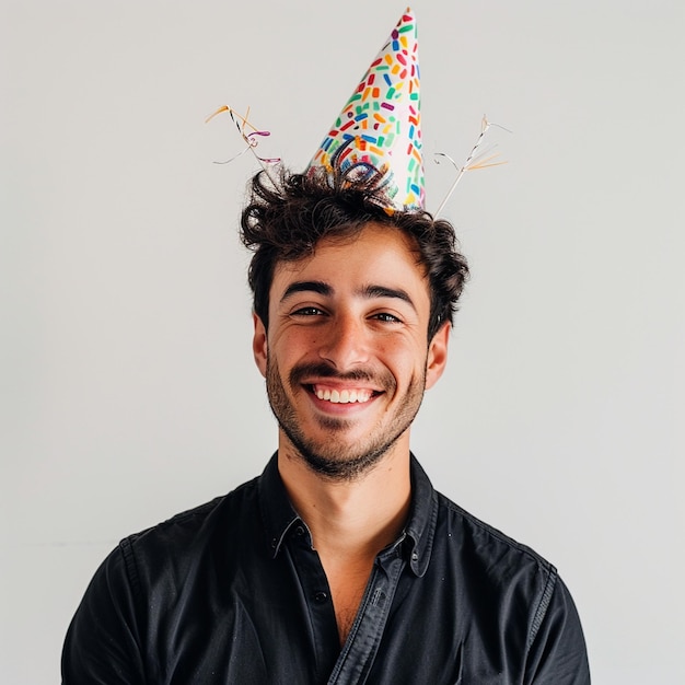 Photo smiling guy wearing a party hat on a white background