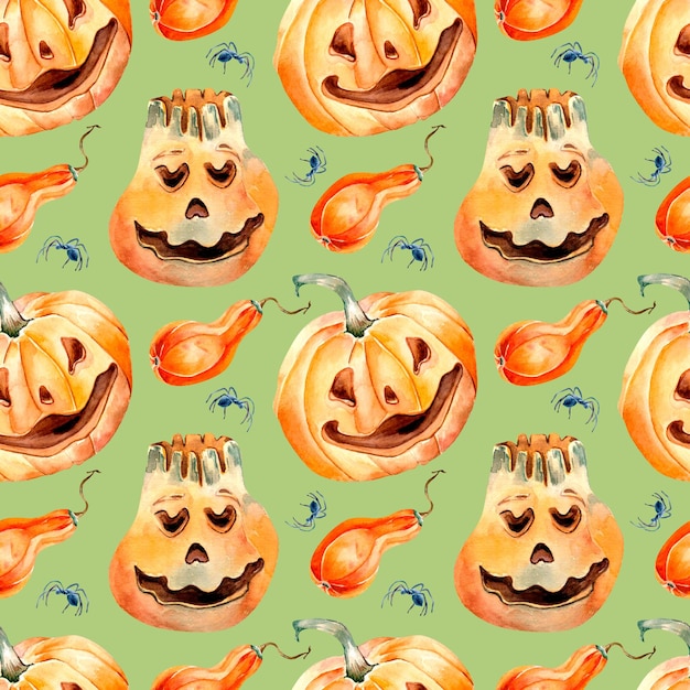 Photo smiling halloween pumpkins watercolor seamless pattern isolated on green