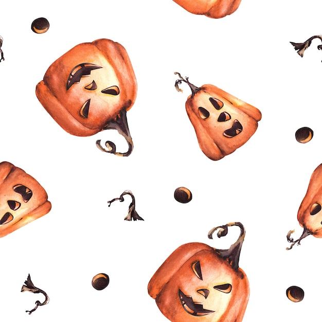 smiling halloween pumpkins watercolor seamless pattern isolated on white background hand painted