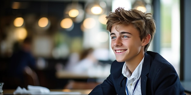 Smiling handsome high school student sitting at the table in the audience