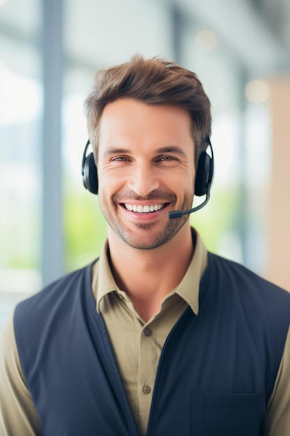 smiling handsome male customer support phone operator with headset working in call centre