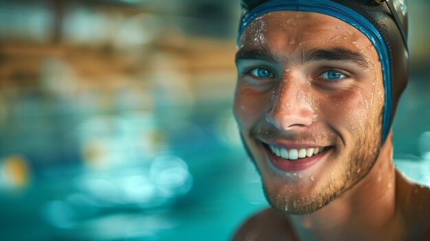 Smiling Handsome Male Swimmer with Swim Cap and Goggles Refreshed in Pool