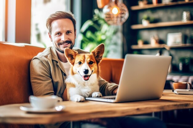 Smiling handsome man with corgi dog is working on laptop at cafe on sustainable interior background