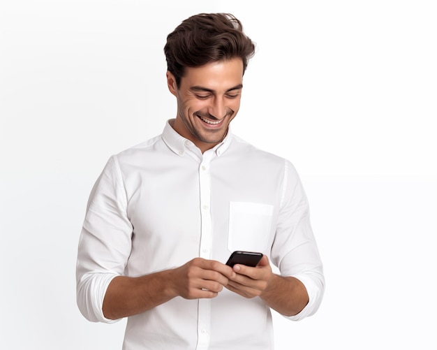 Smiling handsome young man in comfortable shirt browsing social media on mobile phone while standing