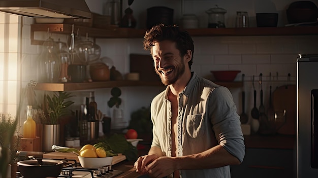 Smiling handsome young man cooking in the kitchen