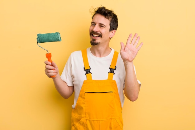 Smiling happily waving hand welcoming and greeting you painting home concept