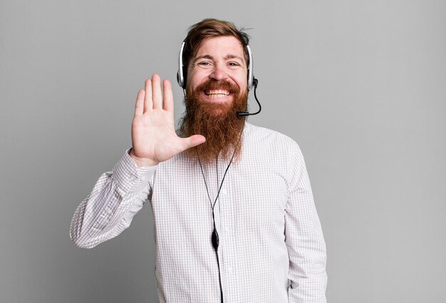 Smiling happily waving hand welcoming and greeting you