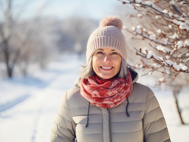 Smiling happy adult woman in a warm jacket and hat on sun winter walk in snow park Copy space