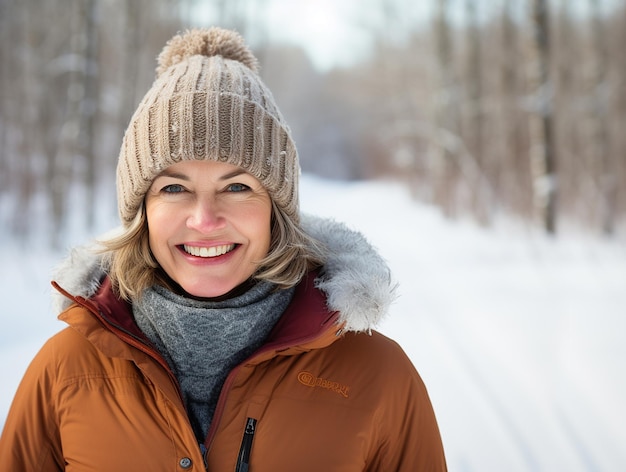 Smiling happy adult woman in a warm jacket and hat on a winter walk in a snow park Copy space