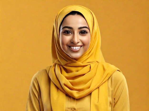 Smiling happy arab asian muslim woman in yellow hijab clothes isolated on yellow background studio portrait uae people middle east islam religious concept