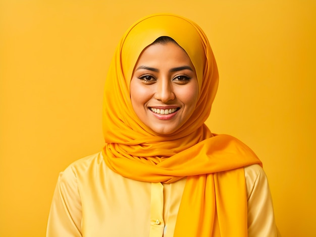 Photo smiling happy arab asian muslim woman in yellow hijab