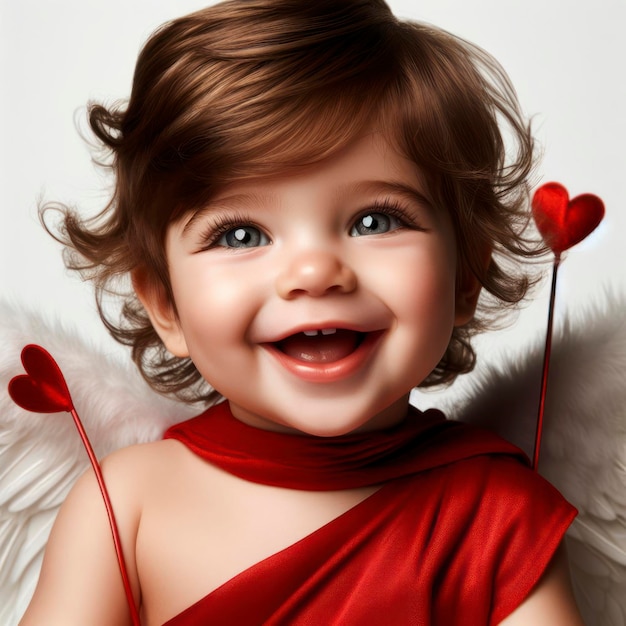 smiling happy baby radiant child cupid in red beaming with joy and angelic wings ai generative