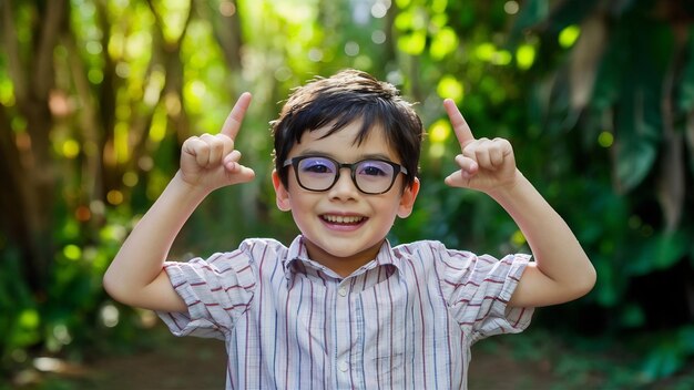 Photo smiling happy boy pointing fingers up at copyspace