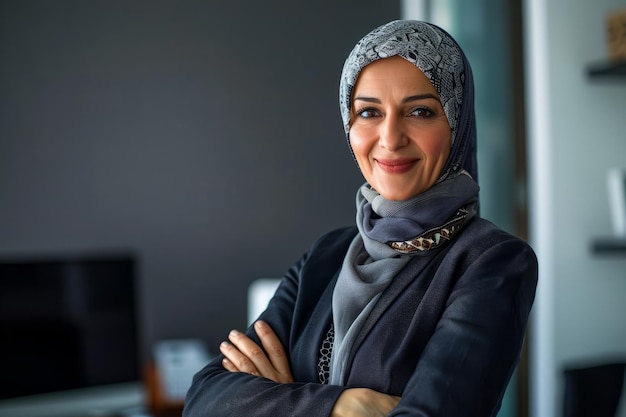 Photo a smiling happy and confident arabian old mature professional business woman a corporate leader