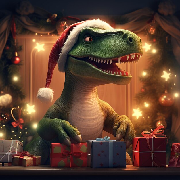 Foto sorridente dinosauro felice con il cappello bianco a natale